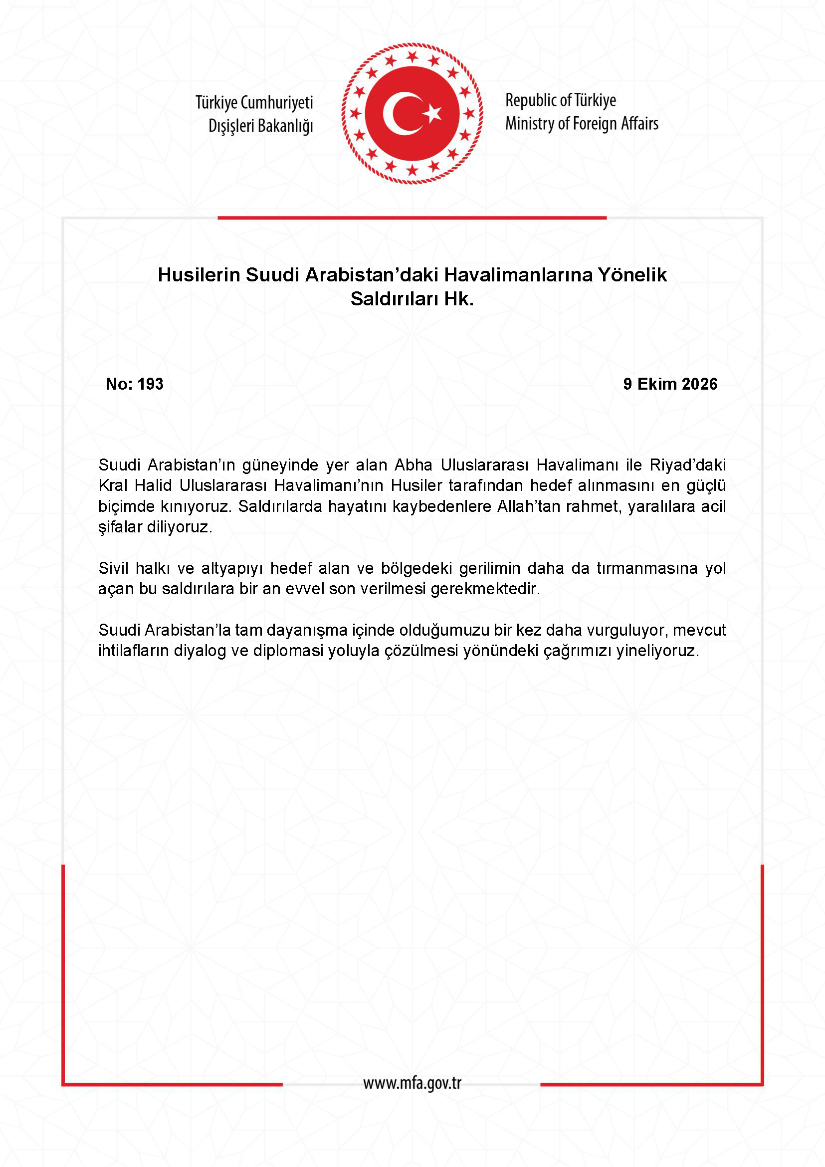 Dışişleri Bakanlığının 193 numaralı açıklaması