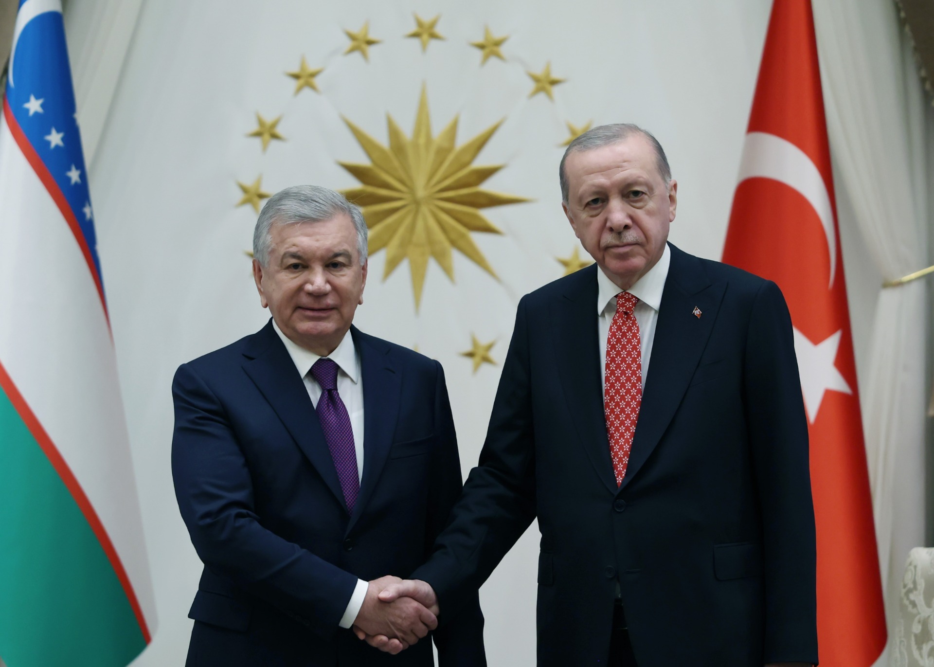 Erdoğan ve Mirziyoyev, Türkiye ve Özbekistan bayrakları önünde