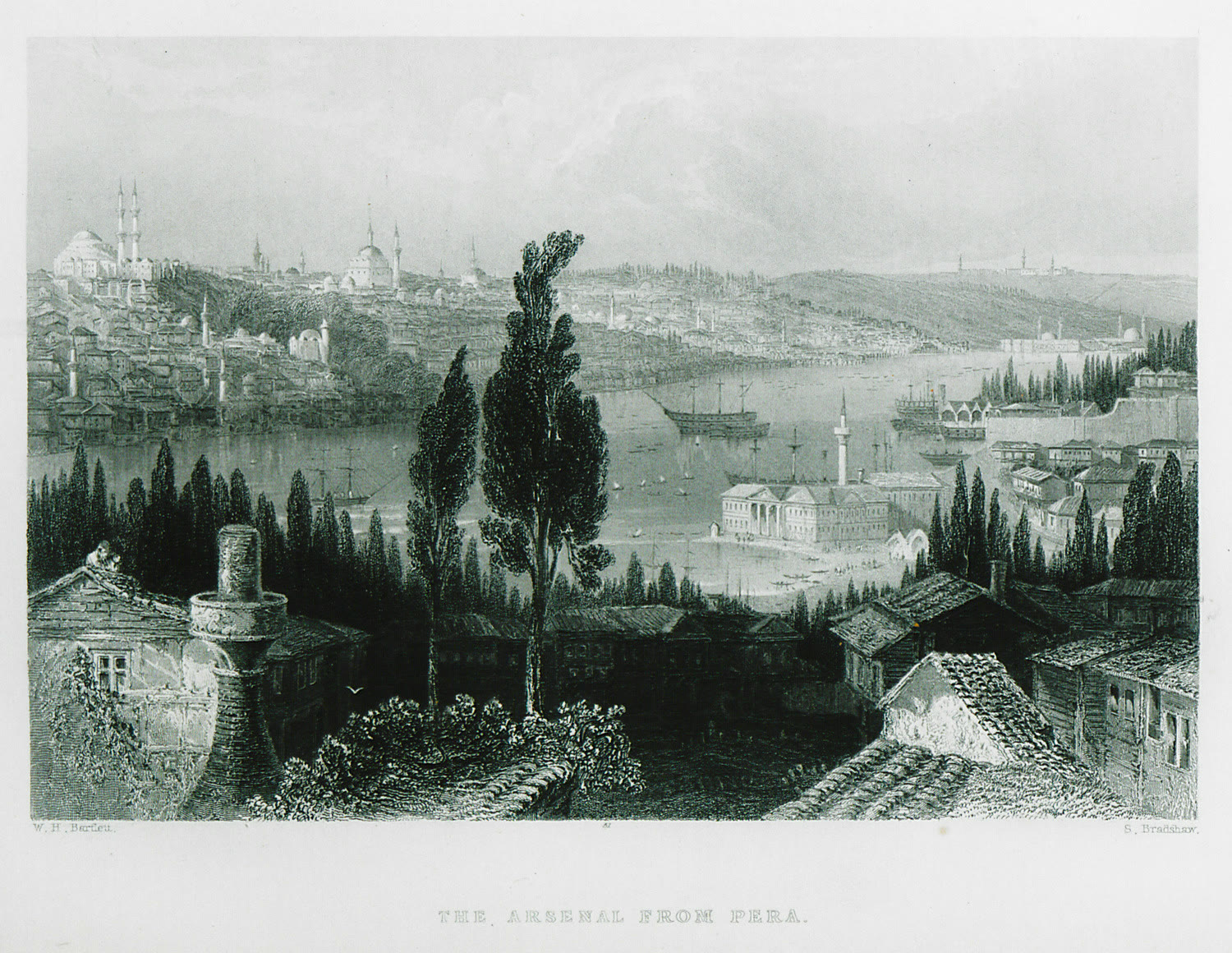 Haliç'teki Osmanlı tersanesini Pera'dan gösteren 1839 tarihli gravür