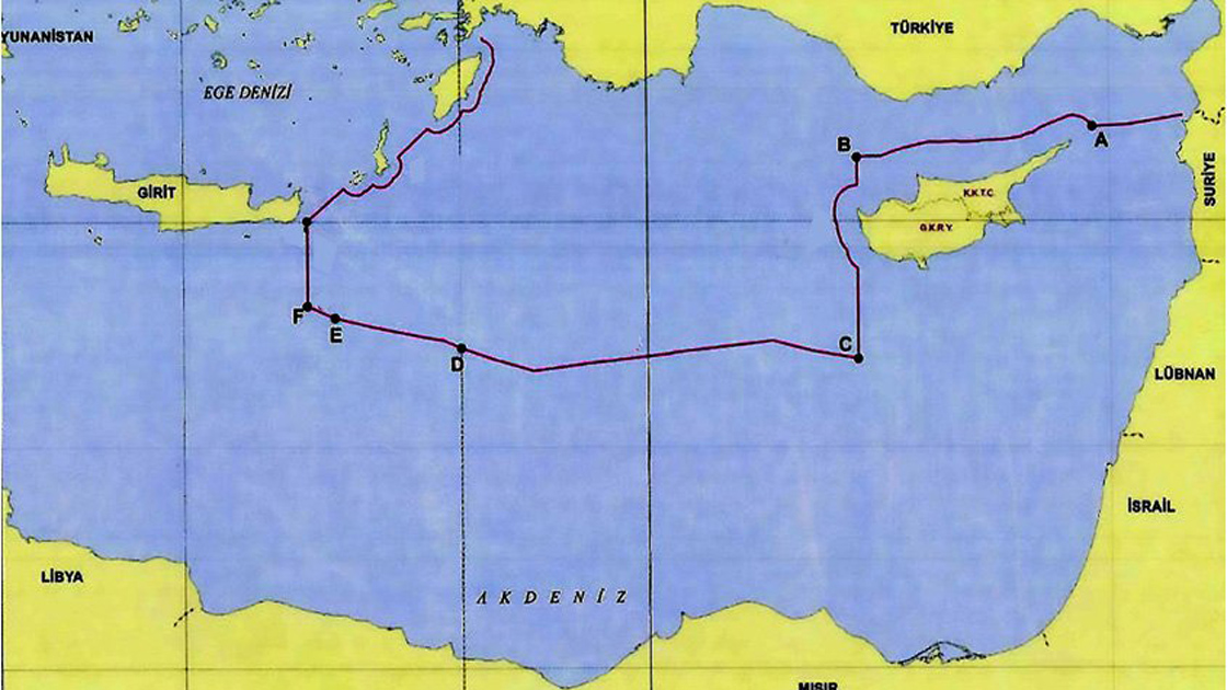 Map showing Türkiye's continental shelf and exclusive economic zone limits in the Eastern Mediterranean