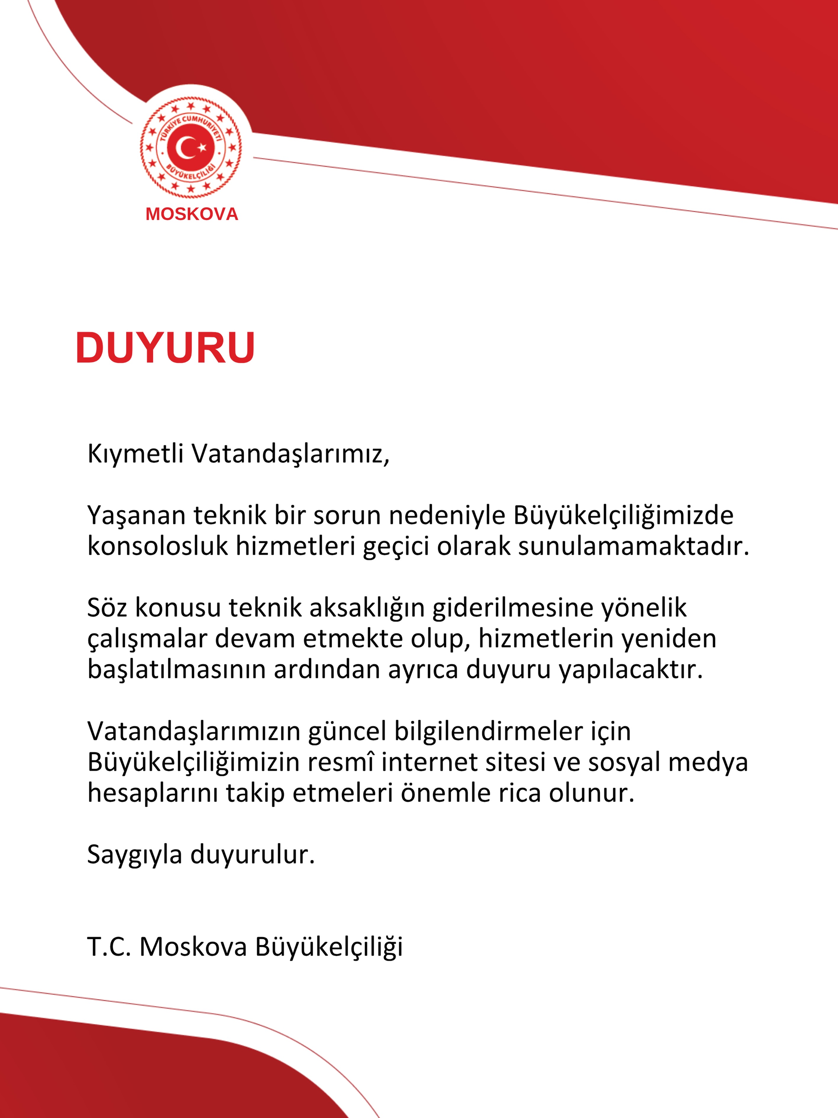 T.C. Moskova Büyükelçiliği duyurusu