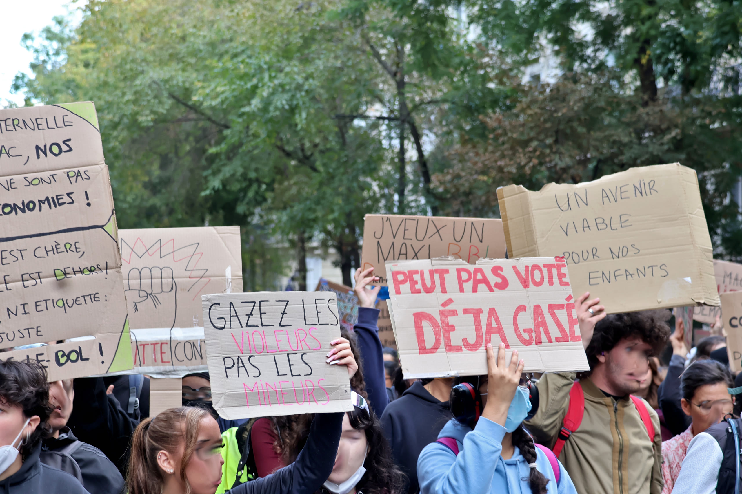 Placards carried by students at the protest in Paris