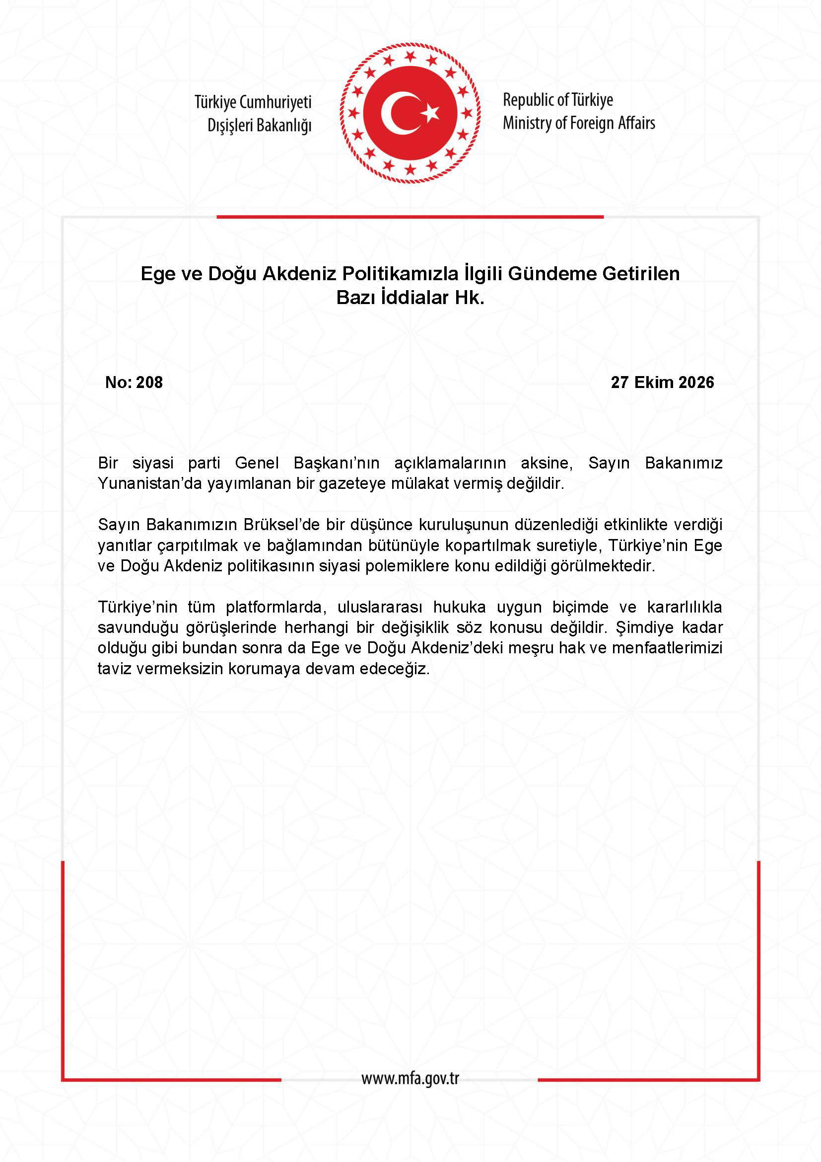 Dışişleri Bakanlığının 208 numaralı açıklaması