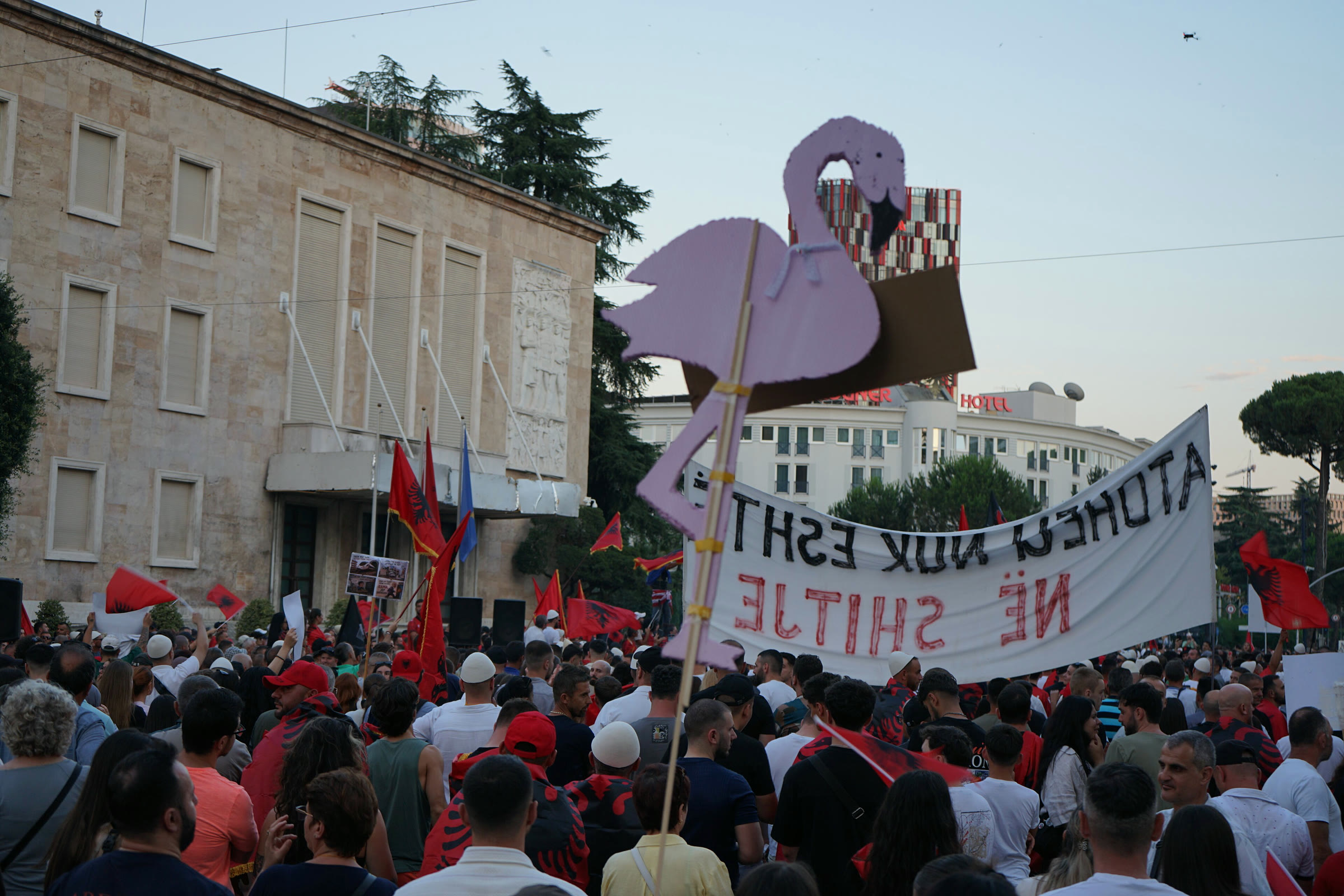 A “Flamingo” protest outside the prime minister’s office in Tirana, June 2026