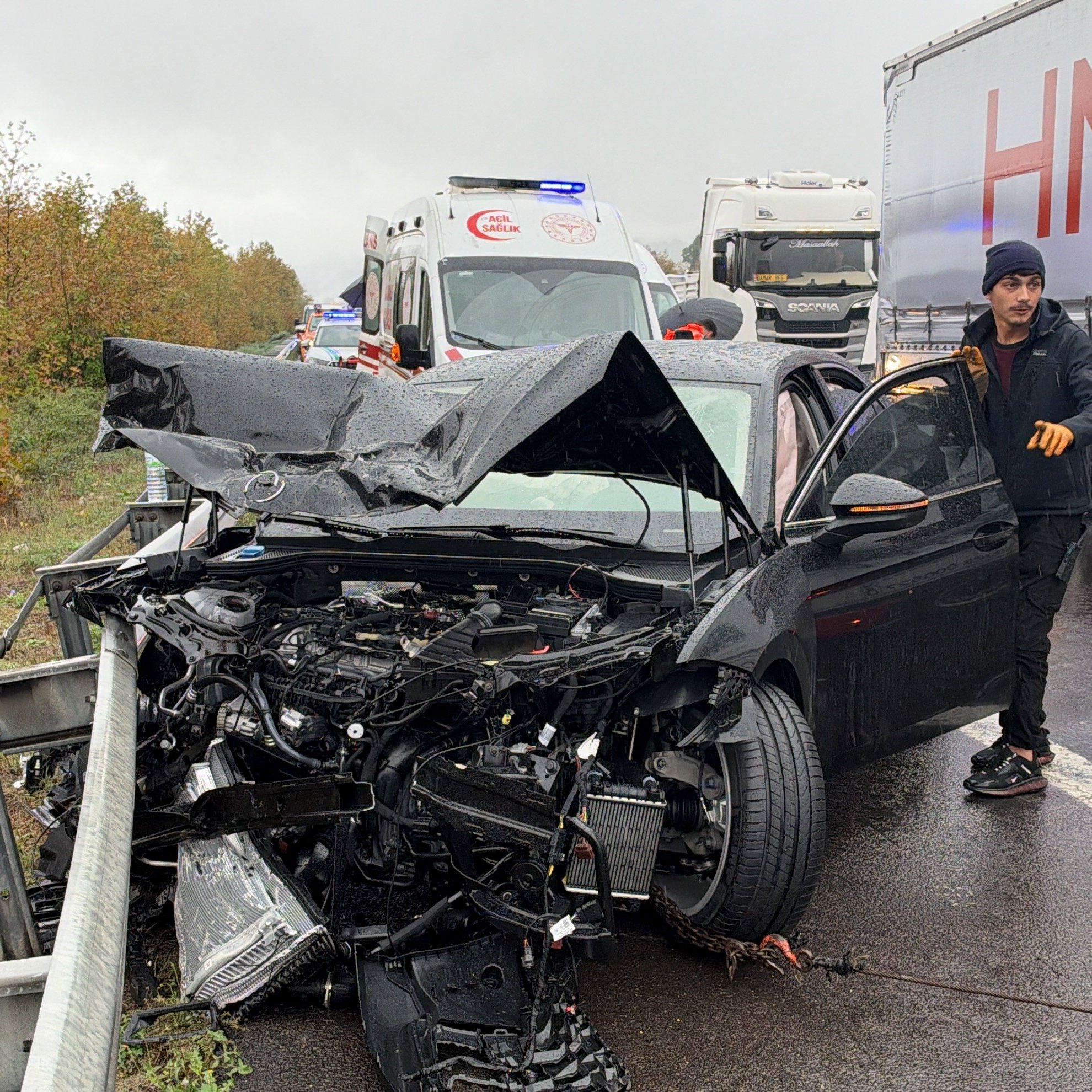 A car damaged in the crash on the Düzce section of the Anadolu Motorway