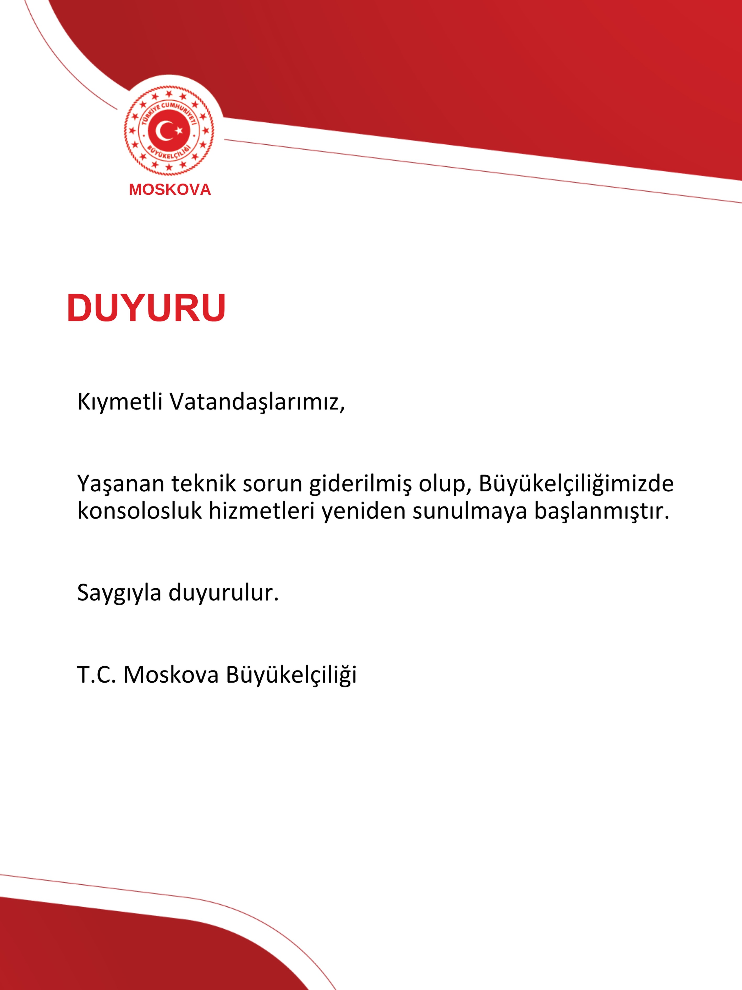 T.C. Moskova Büyükelçiliği duyurusu